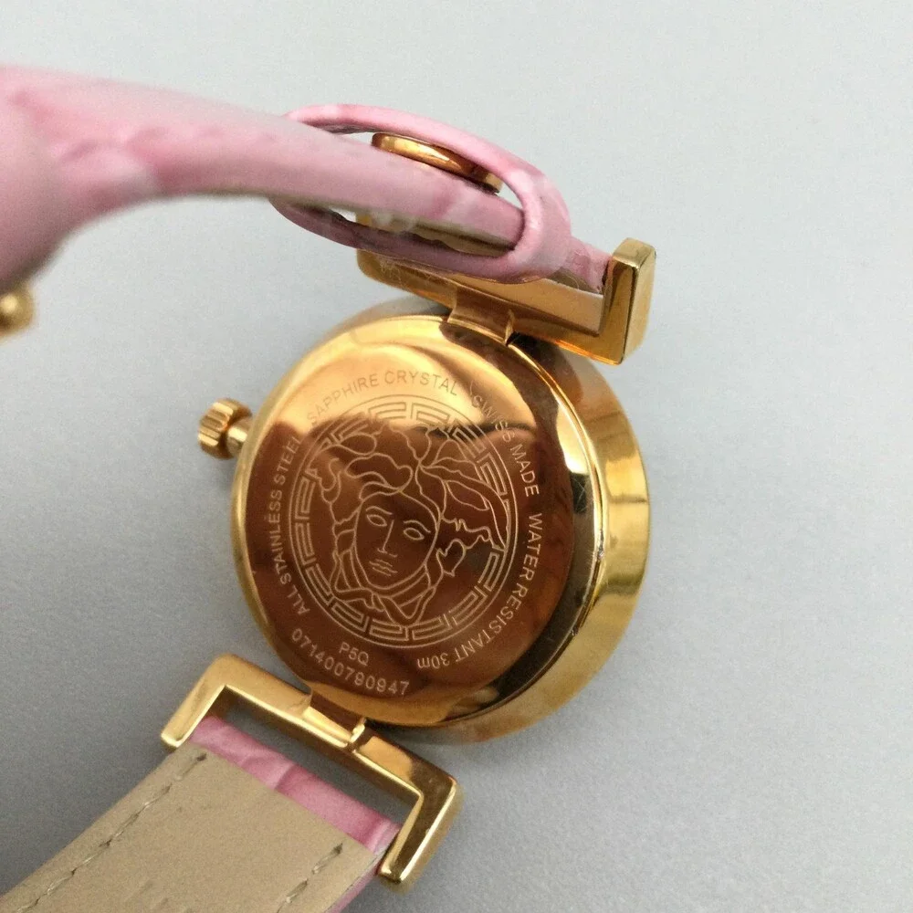 Versace Womens Watch 35mm Pink Dial Gold Tone Leather Swiss Medusa New Battery